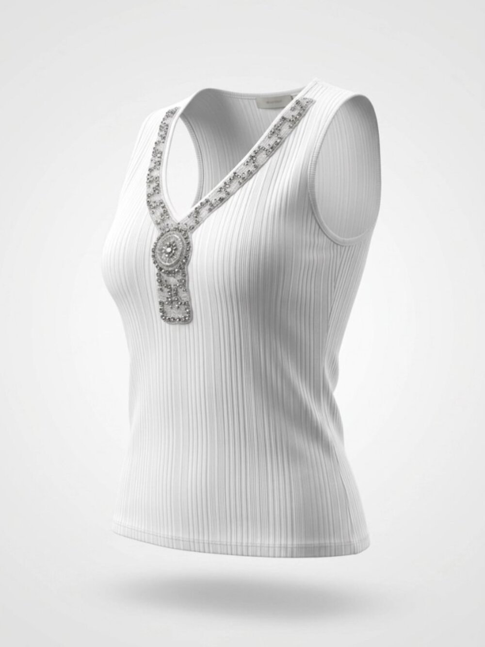 White Ribbed Tank Top Embellishe